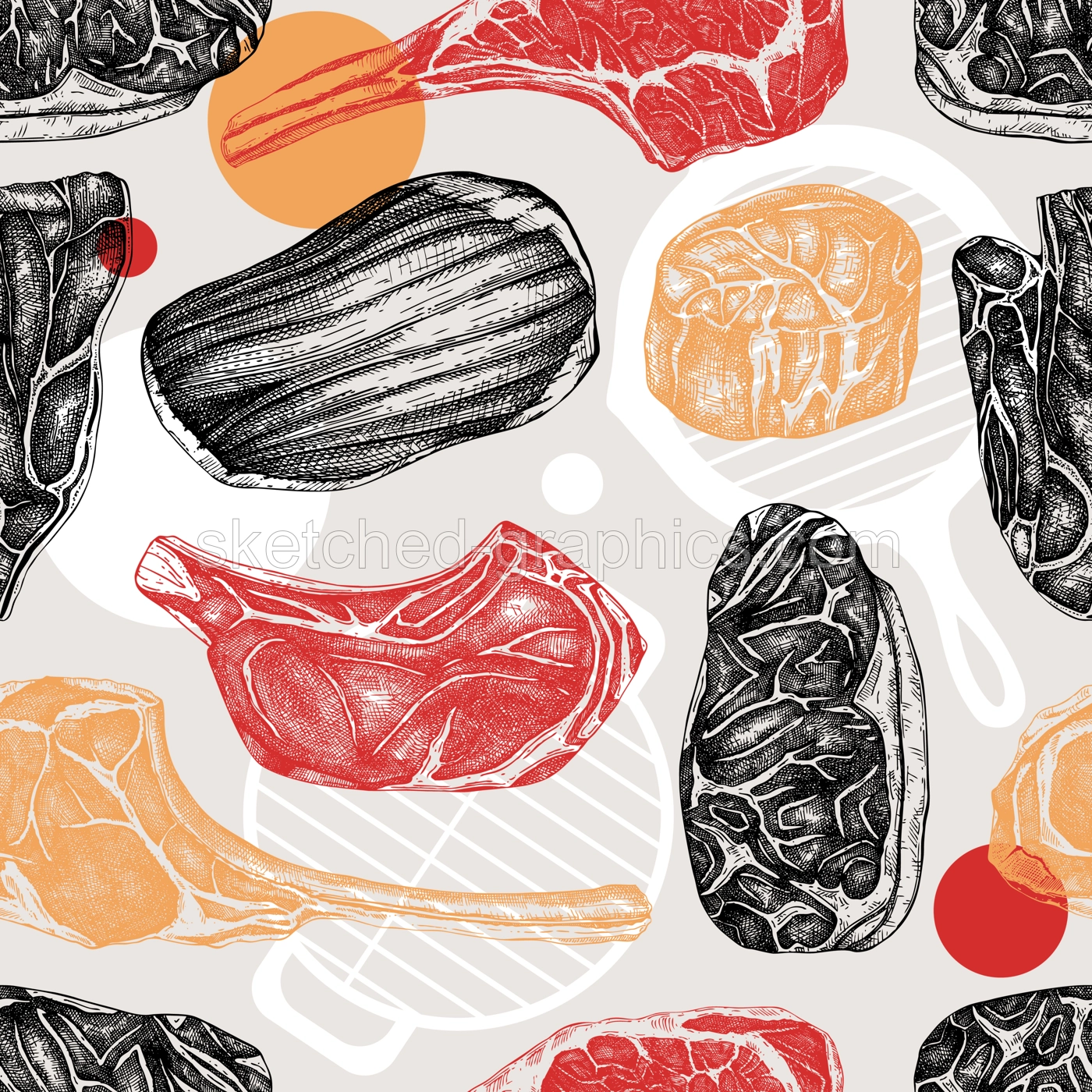 Steak house background. Collage style food seamless pattern. Raw steak vector sketches. Hand-drawn meat illustration. NOT AI generated Illustration